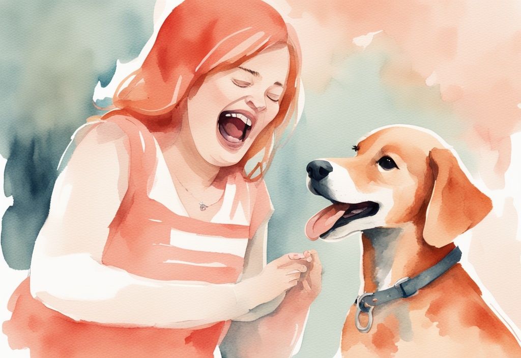 Modern watercolor illustration of a surprised parent pulling away a friendly dog from a giggling baby, highlighting what to do if dog licks baby mouth, with a coral color theme.