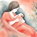 Modern watercolor illustration of a parent swaddling a newborn with a clock in the background, highlighting the theme "how long to swaddle a baby per day" in coral tones.