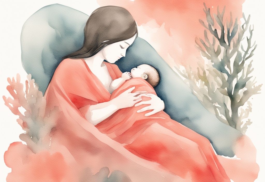 Modern watercolor illustration of a parent swaddling a newborn with a clock in the background, highlighting the theme "how long to swaddle a baby per day" in coral tones.