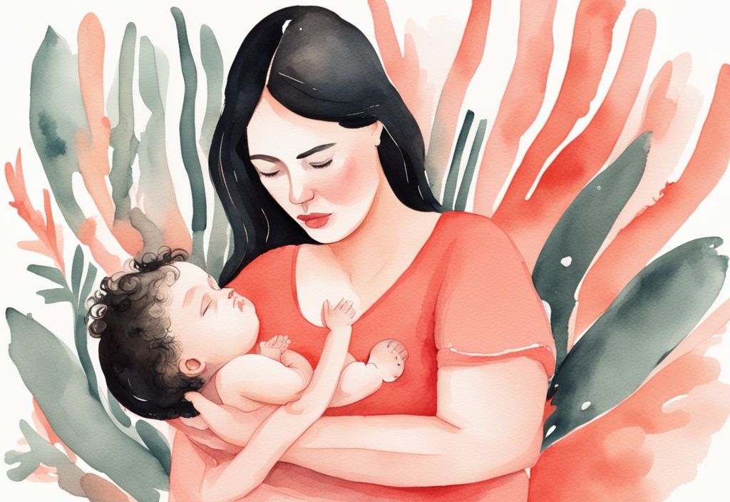 Modern watercolor illustration of a frustrated mother trying to reattach her baby during breastfeeding, with a coral color theme.