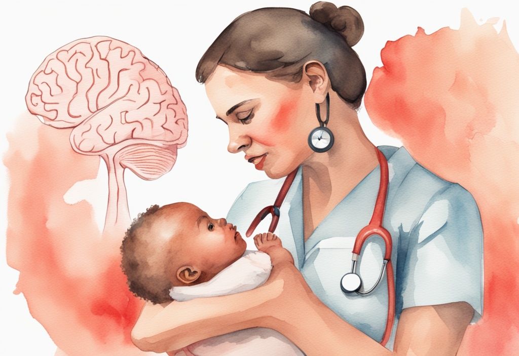 Modern watercolor illustration of a concerned parent holding a baby with a doctor explaining shaken baby syndrome using a brain diagram, featuring a coral color theme.