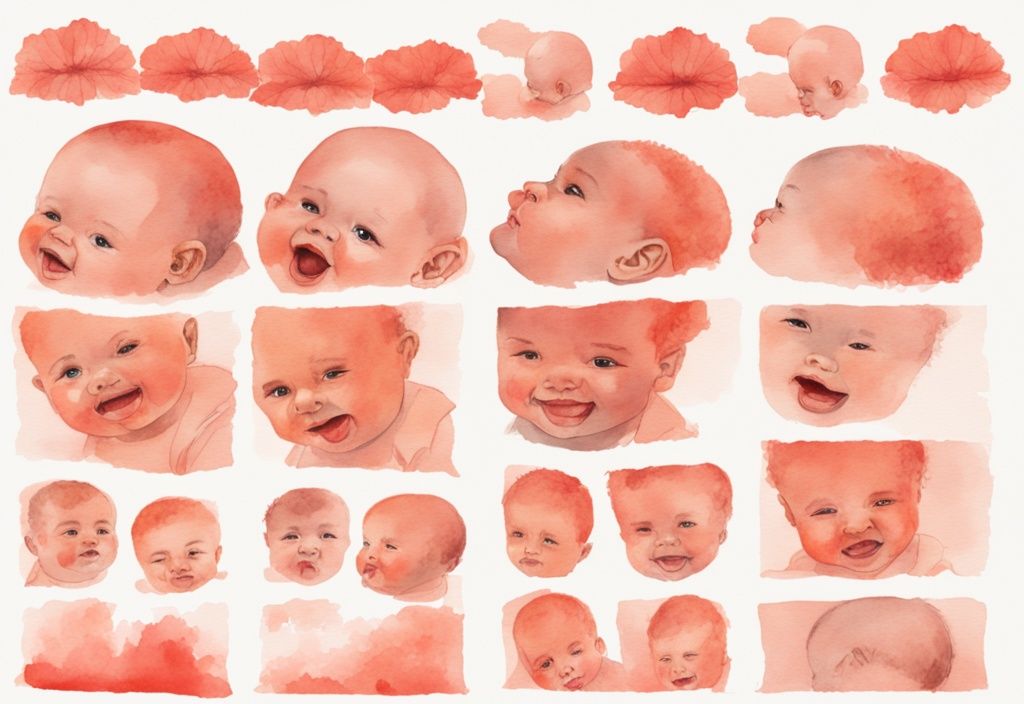 Modern watercolor illustration of a baby with underbite correction progression, coral color theme.