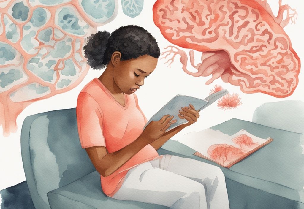 Modern watercolor illustration of a concerned parent reading a medical pamphlet titled "Shaken Baby Syndrome" with illustrations of a brain and a baby, highlighting what is the shaken baby syndrome.