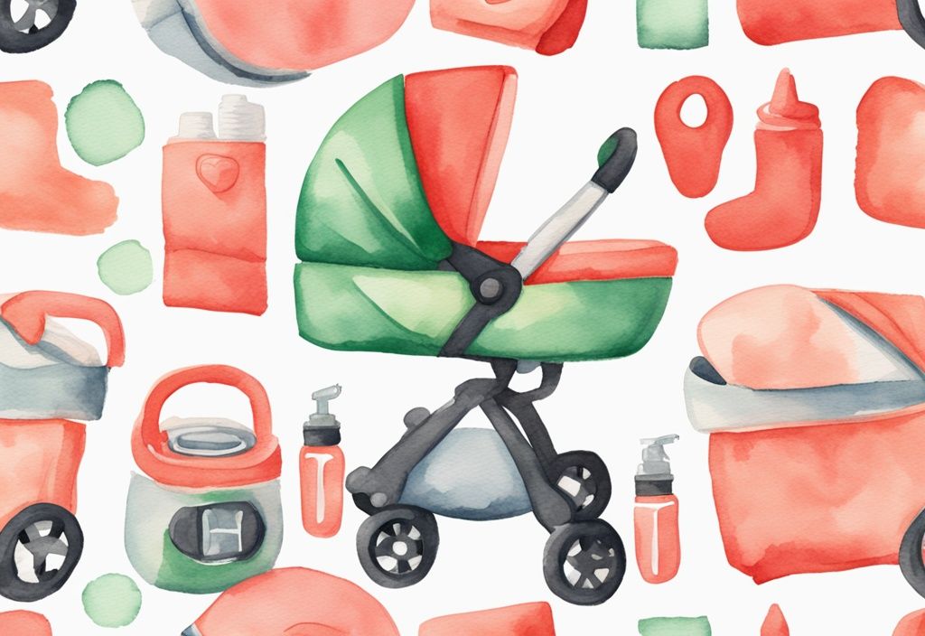 Modern watercolor illustration of HSA eligible baby items, featuring a coral-themed stroller, car seat, and baby bottles with green check symbols, answering the question: what baby items are HSA eligible.