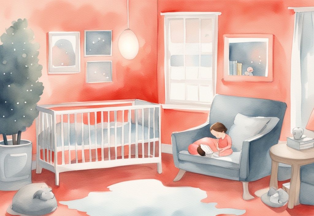 Modern watercolor illustration of a nursery scene featuring a baby sleeping in a crib, a parent reading "Sleep Training Methods," and a glowing night light, highlighting sleep training methods for babies.