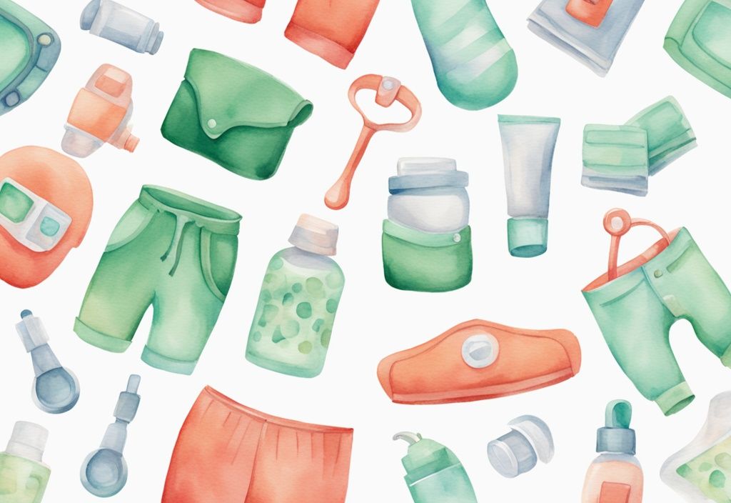 Modern watercolor illustration of HSA eligible baby items including diapers, breast pumps, and baby sunscreen, in coral theme with green check marks.