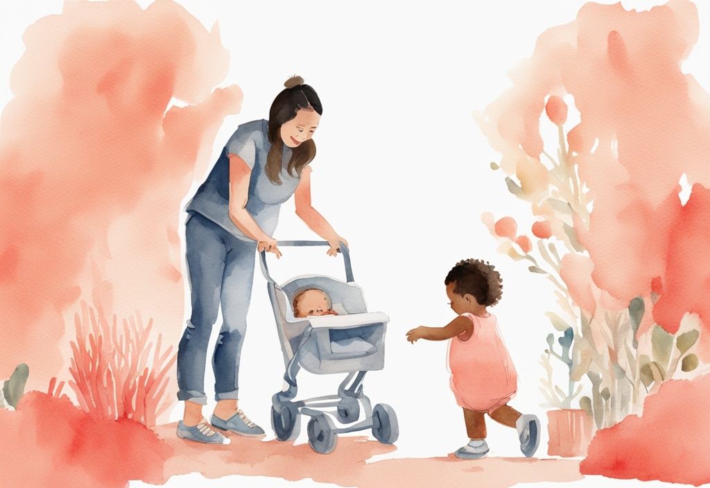 Modern watercolor illustration of a baby taking first steps with walker, watched by smiling parents, coral color theme.