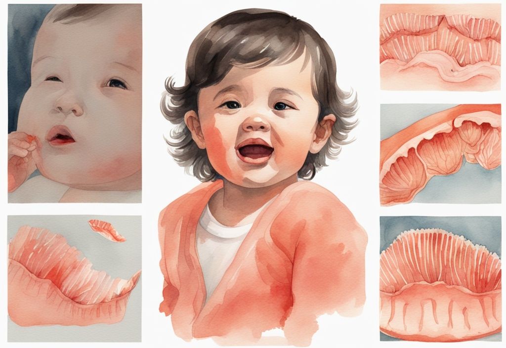 A modern watercolor illustration of a baby with a visible underbite, featuring a progression of images showing the correction of the underbite over time, with a coral color theme.