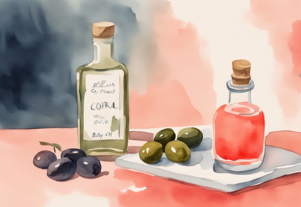 Modern watercolor illustration of how to make baby oil, featuring a serene setting with a coral theme, showcasing a bottle of baby oil, fresh olives, and a traditional oil press.