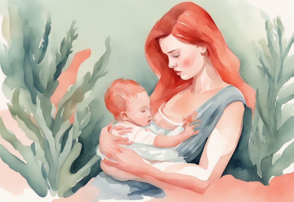 Modern watercolor illustration of a frustrated mother reattaching baby during breastfeeding, coral color theme.