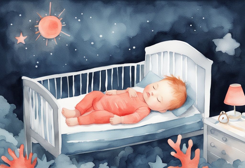 Modern watercolor of baby sleeping in crib with coral theme, featuring nightlight, comforting toy, and sleep schedule chart for sleep training.