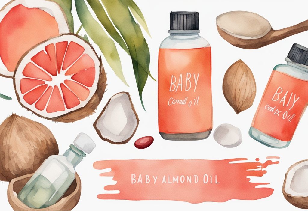 Modern watercolor illustration featuring coral-themed natural ingredients including coconut oil, almond oil, beeswax, and a glass bottle labeled "Baby Oil".