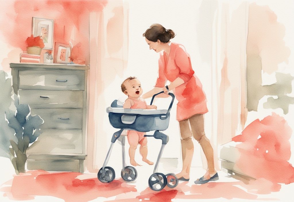 Modern watercolor illustration of a joyful baby taking first steps with a walker, watched by parents, exploring the theme "when can a baby use a walker" in coral hues.