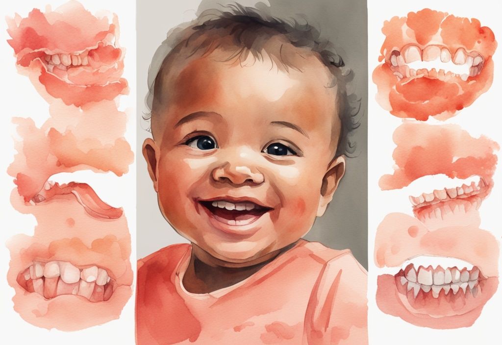 Modern watercolor illustration of a smiling baby with a noticeable underbite, featuring a progression of images showing the underbite correcting over time, addressing the question: will a baby underbite go away.