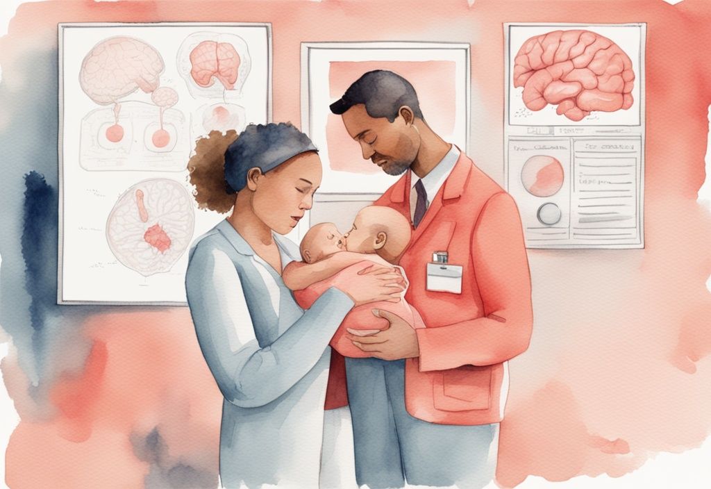 Modern watercolor illustration of a concerned parent holding a baby with a doctor explaining shaken baby syndrome using a brain diagram, coral color theme.