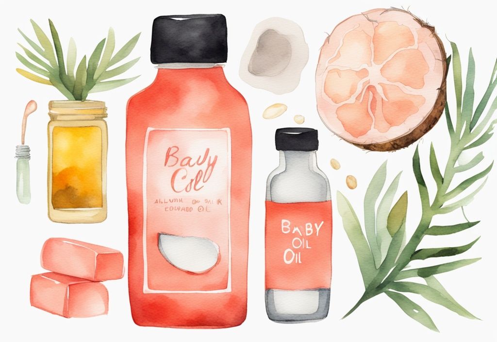 Modern watercolor illustration of natural ingredients including coconut oil, almond oil, beeswax, and a glass bottle labeled "Baby Oil" with a coral color theme.