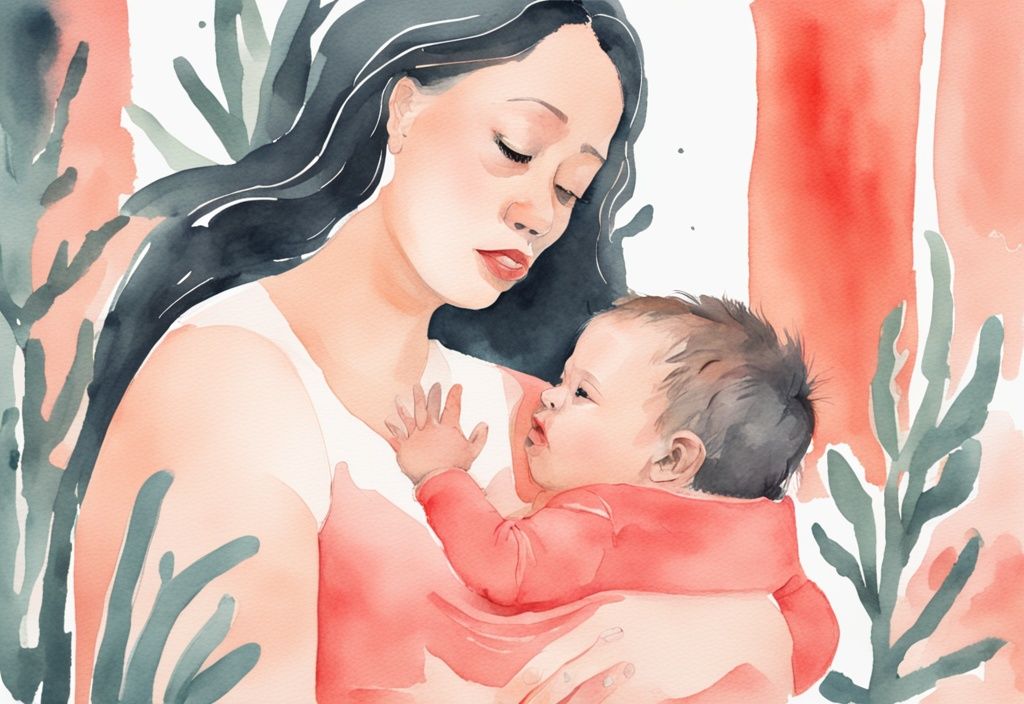 Modern watercolor illustration of a frustrated mother breastfeeding as baby keeps unlatching and looking around, with coral color theme.