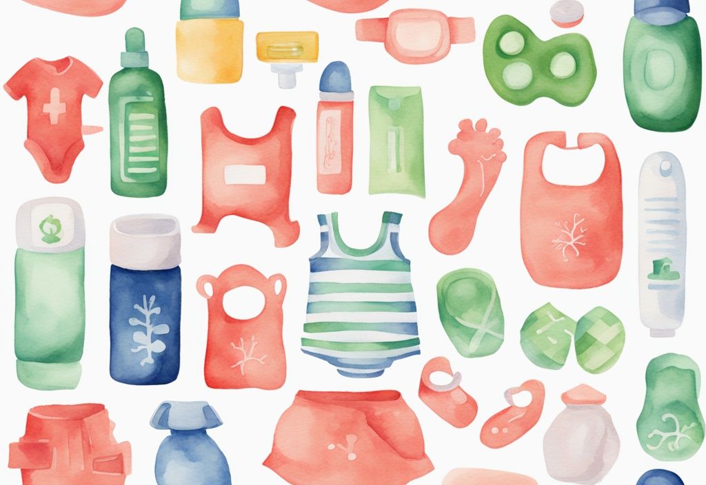 Modern watercolor illustration of HSA-eligible baby items including diapers, breast pumps, and sunscreen, in coral theme with green check marks.
