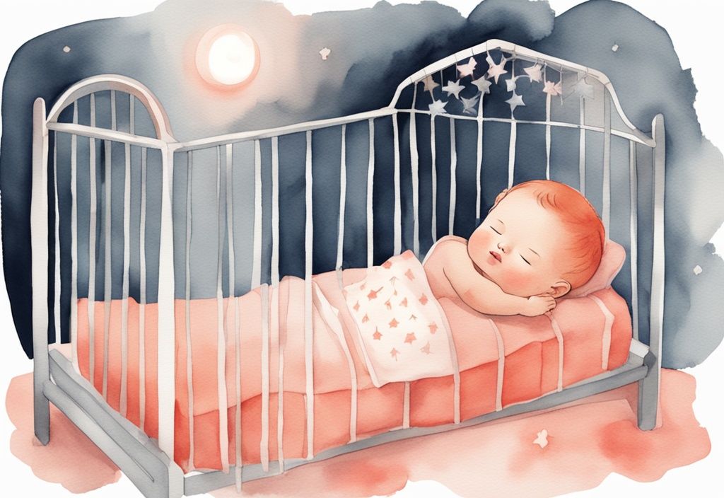 Modern watercolor illustration of a baby sleeping in a crib with coral theme, featuring a nightlight, comforting toy, and sleep schedule chart, highlighting sleep training methods.