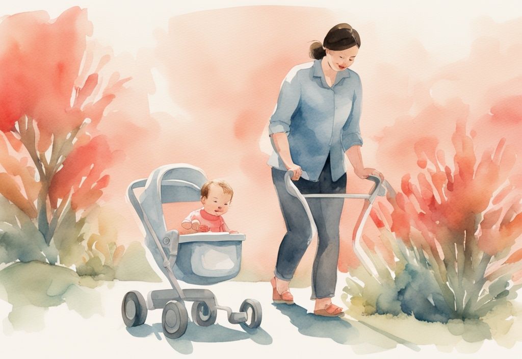 Modern watercolor illustration of a baby taking first steps with a walker, watched by smiling parents, in coral color theme.